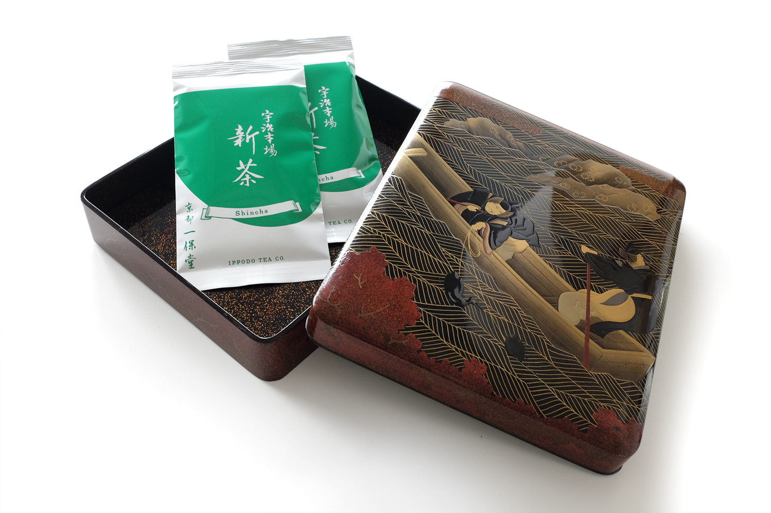 Shincha & Maki-e Lackbox mit Kormoranfischerei-Motiv